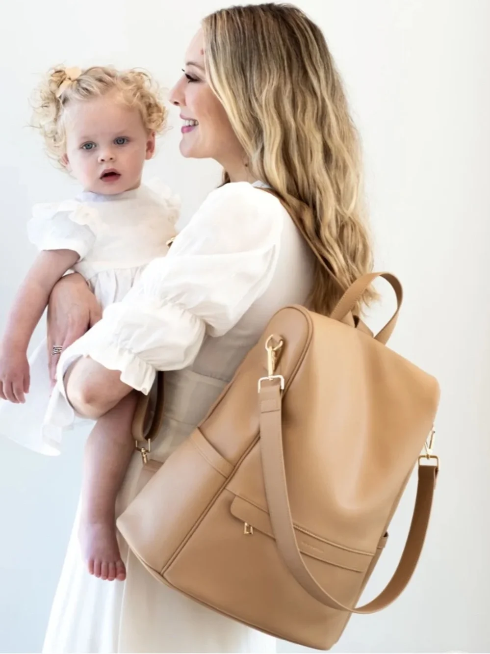 Mia and Sophia backpack diaper bag Tan Leather Convertible Backpack with pouch